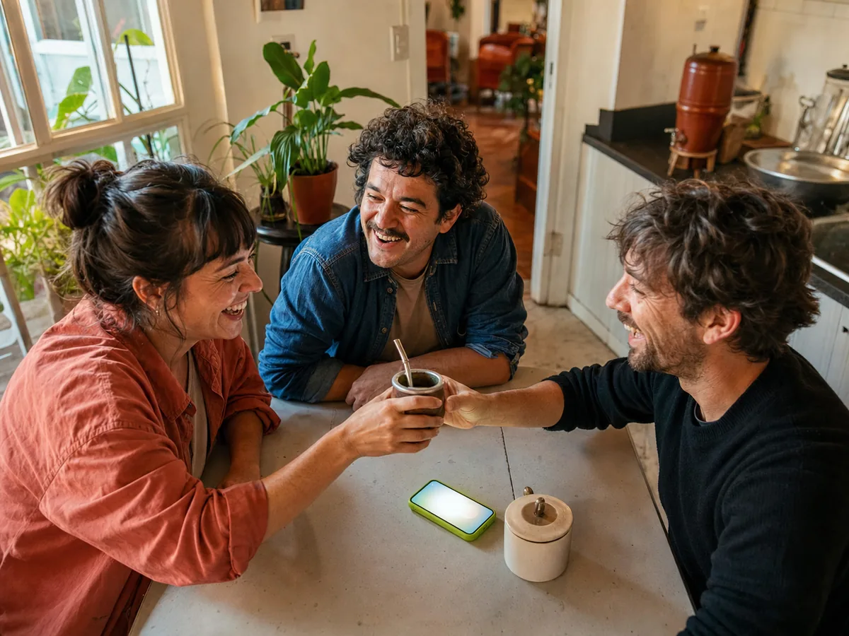 Tres amigos compartiendo mate y una conversación
