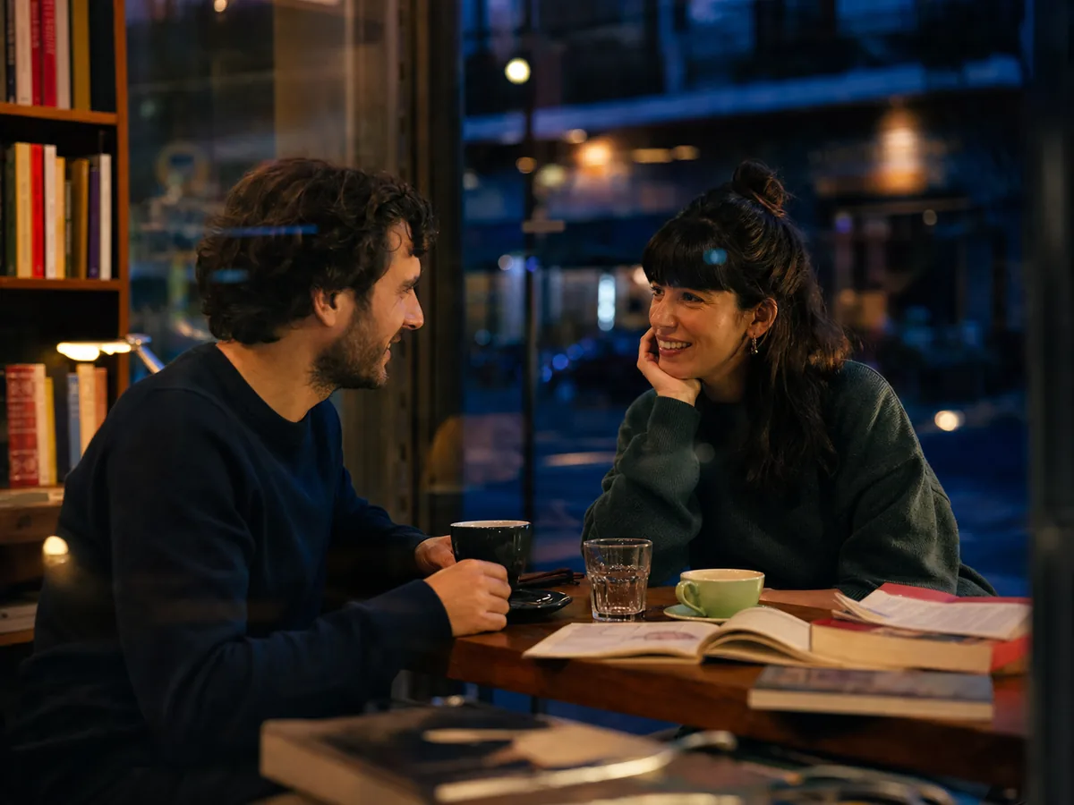 Dos adultos conversando en una librería café de Buenos Aires