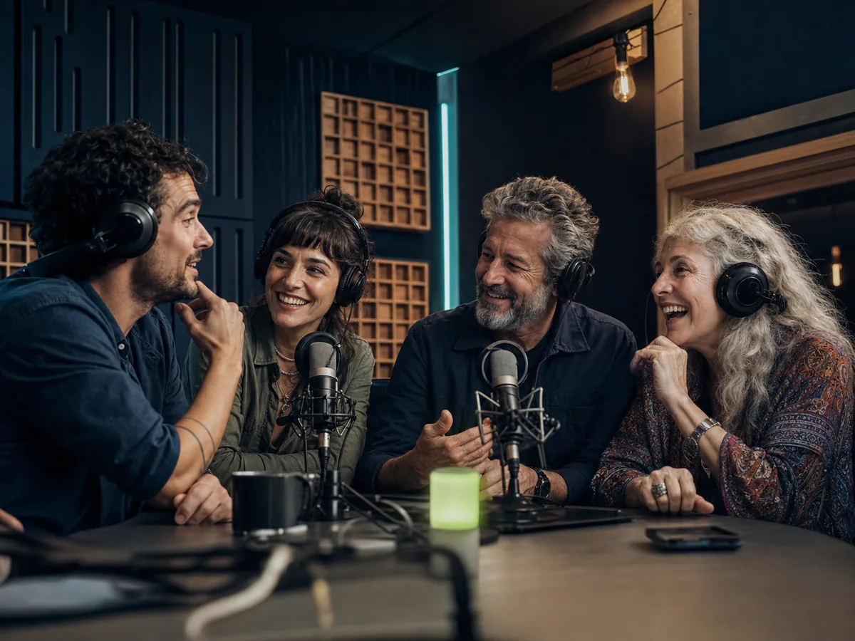 Adultos de distintas edades conversando en un estudio de radio